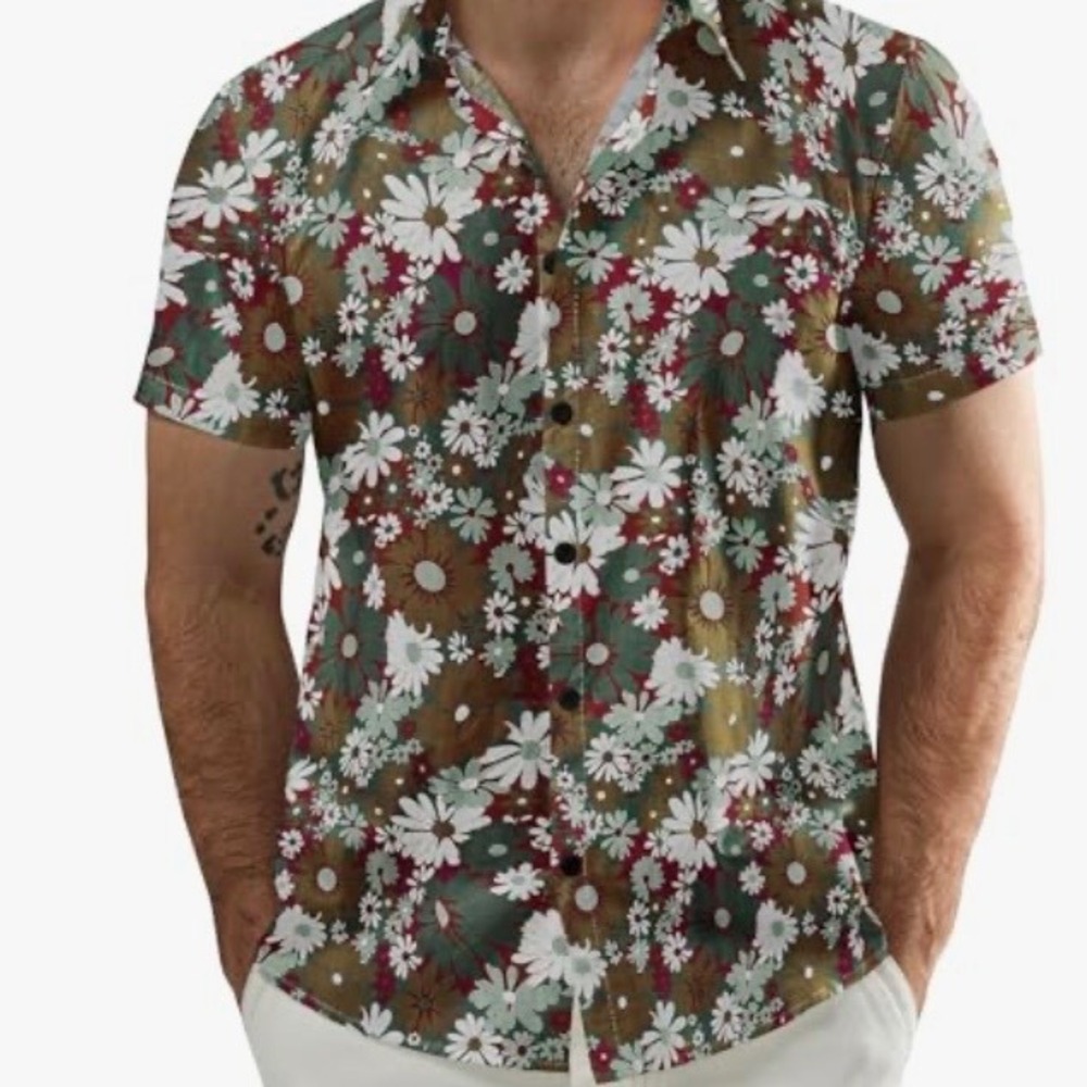 JOGAL Mens Floral Daisy Print Button Down Shirt Short Sleeve 100% Cotton L